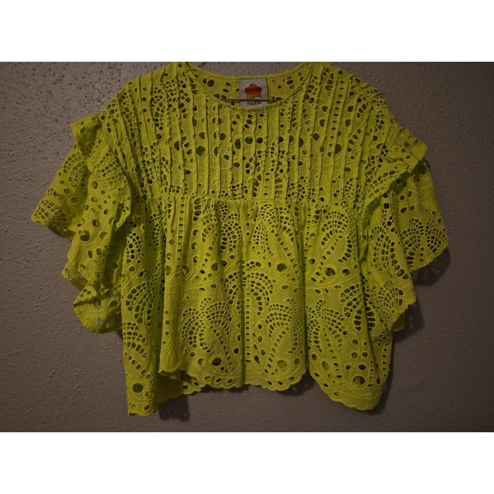 Farm Rio Palm Tree Richelieu Cotton Eyelet Blouse Neon Lime Green XS NWOT